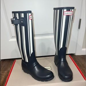 Navy and white striped Hunter boots